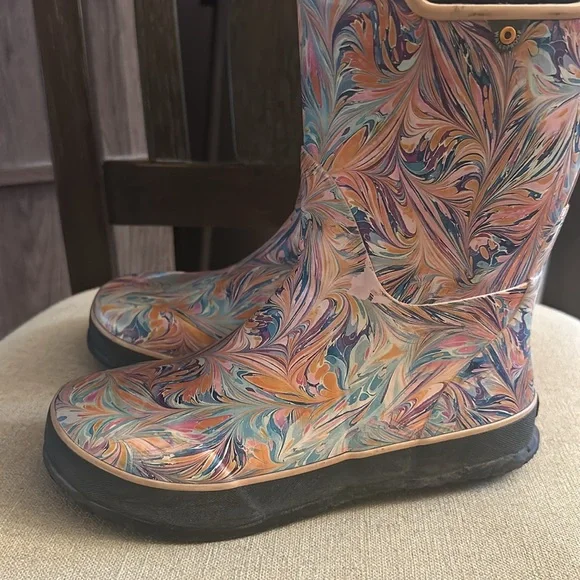 Bogs Kids Girls Pull On Handle Rain Boots Marble Peach Orange Size 3